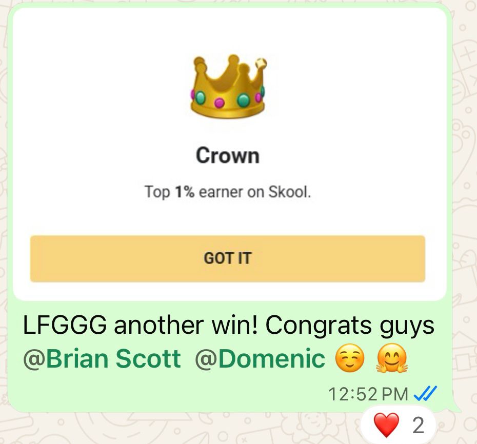 Crown award showing a top one-percent Skool earner result